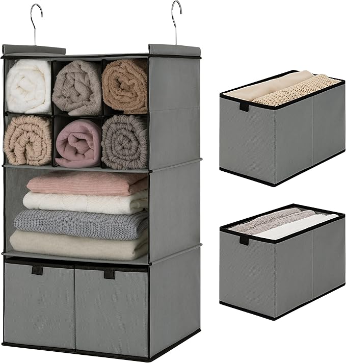 GRANNY SAYS Hanging Closet Organizer with Drawers, 4 Shelf Dividers Closet Hanging Organizer, Foldable Hanging Shelves for Wardrobe Closet, Small Closet Organizers for Clothes Shoes, Grey