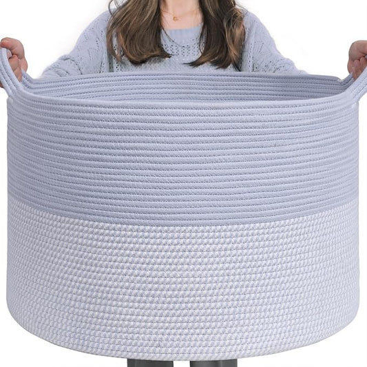 INDRESSME XXXLarge Woven Rope Blanket Basket Living Room Blue, 90L | 21.7" x 13.8" Storage baskets for toys laundry & pillows. Fits living room, bedroom or nursery décor. Soft-touch with handles