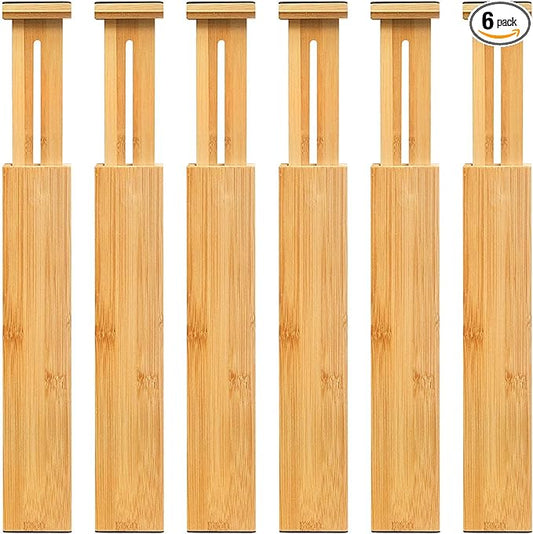 VaeFae 6-Pack Adjustable Bamboo Drawer Dividers, Expandable Drawer Organizer for Kitchen Utensils, Clothes, Bathroom, Office – Fits Drawer Interiors 16.6" to 21.8"