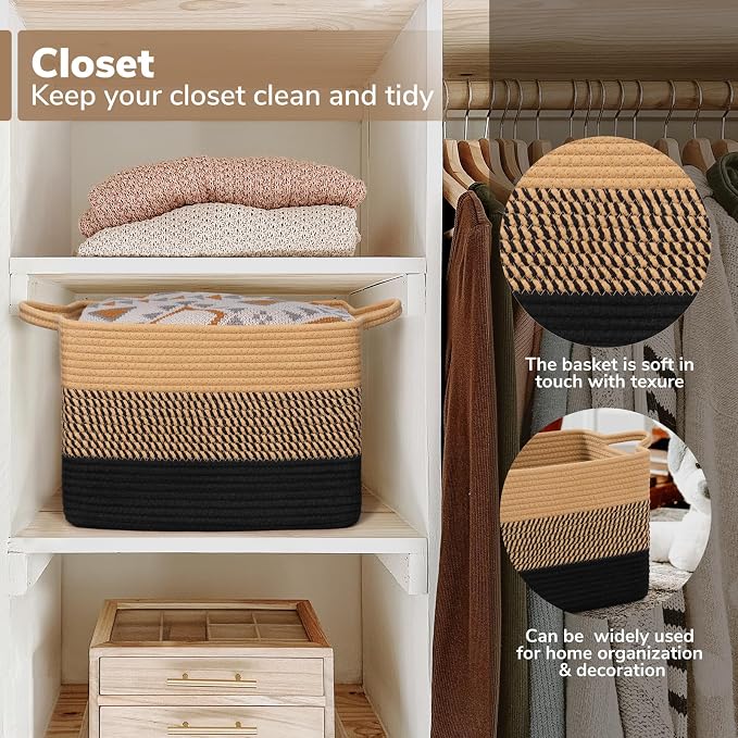 Goodpick Wicker Storage Basket with Handles, 13" x 10" x 9", Black & Jute | Gift Baskets Empty for Dog Toys, Books & Towels Storage, Shelf & Closet Organization, Stylish Home Decor