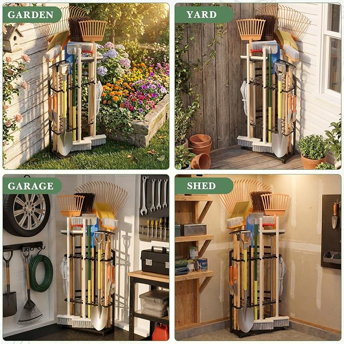 Faesun Garden Tool Organizer for Corner, 3-Tier Metal Yard Tool Rack, Holds 50+ Rakes/Shovels/Brooms,Heavy Duty Lawn Tool Storage for Garage Shed Outdoor Organization