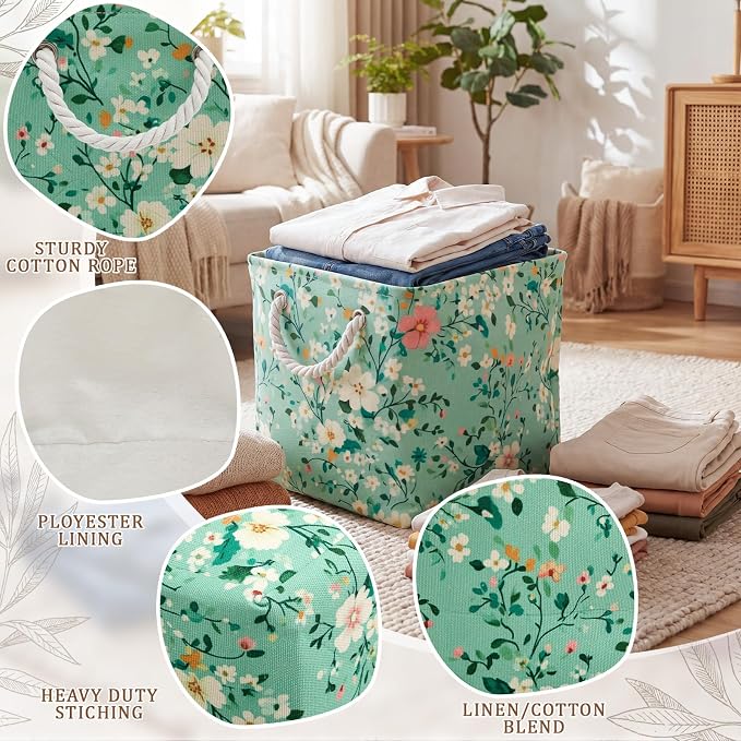 6 Pack Boho Floral Storage Bins 6 Pack, 11 Inch Cube Fabric Storage Baskets | Foldable Fabric Cube Baskets with Reinforced Handles, Floral Laundry Nursery Hamper, for Shelves, Closets, Room Organization
