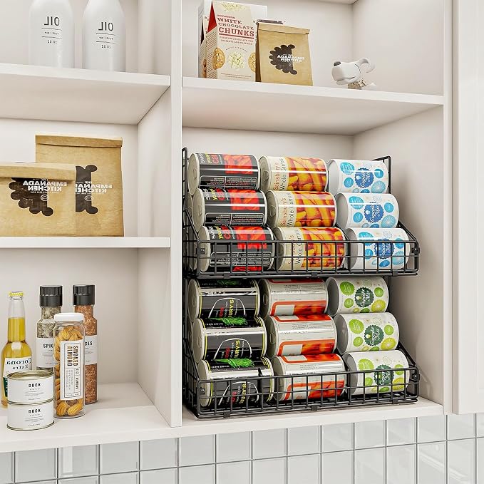 4 Pack Stackable Can Rack Organizer for Pantry Storage,Can Dispensers with 4 Adjustable Dividers, 2-Tier Metal Wire Basket Holds up to 84 Cans for Kitchen Cabinet Pantry, Black
