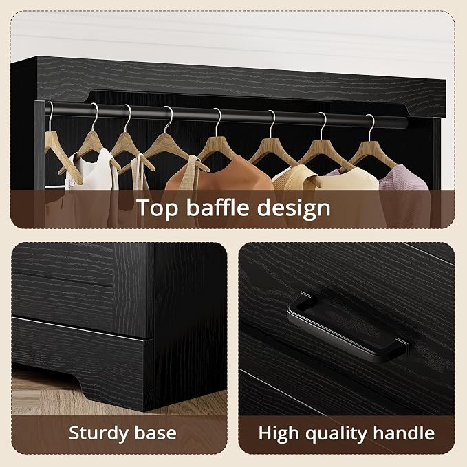 IRONCK Freestanding Closet System with Adjustable Shelves & 3 Drawers | Modern armoire wardrobe with adjustable shelves & hanging rod, walk-in closet organizer for small spaces, space-saving design