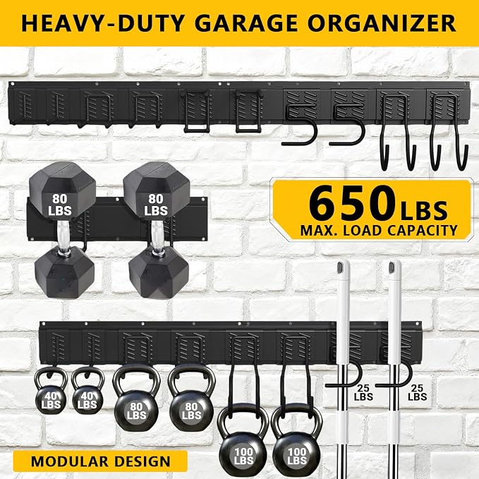 Garage Tool Organizer Wall Mount, Heavy-Duty Garage Storage System and Garden Tool Organizer with Adjustable Hooks for Shovel, Snowboard, Yard Tools and Shed (64"-10hooks)