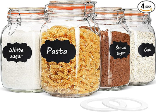 Qianfenie 50 oz Glass Jars with Airtight Lids, Wide Mouth Mason Jars, 4 Pc | Square Glass Jars, BPA Free, Dishwasher Safe, Heavy-Duty Glass Storage Containers for Flour, Sugar, Kitchen & Pantry