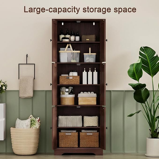 ChooChoo 63.2" Tall Bathroom Storage Cabinet with 6 Doors | Freestanding Floor Cabinet, Adjustable Shelves, Pantry Cabinet for Bathroom, Kitchen, Laundry Room, Rustic Walnut