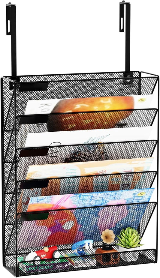 6-Tier Hanging File Organizer Office Cubicle Accessories for Work Organizer Wall Mount File Holder for Mails Folders Papers Magazine Organization, Black