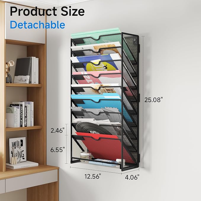 Lavatino 10-Tier Hanging File Organizer, Wall Mount File Holder for Mails Folders Papers Magazine Organization, Vertical Document Organizer for Office Home Black