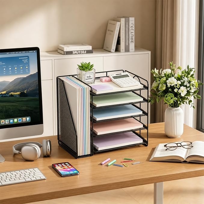 OPNICE Desk Organizers and Accessories, 5-Tier Paper Organizer Letter Tray with Magazine Holder, Office Desk Accessories & Workspace Organizers, Desktop File Organizer for Office Supplies, Black