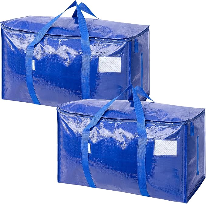 TICONN 2 Pack Extra Large Moving Bags Heavy Duty with Zippers & Carrying Handles, Durable Storage Bags Moving Boxes for Closet Organizers and Storage (2 Pack, Blue)