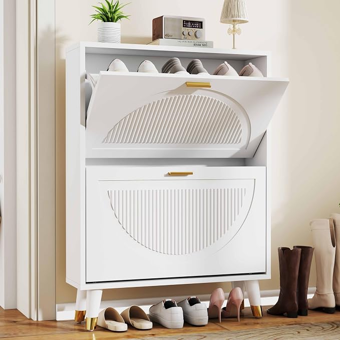 Narrow Shoe Cabinet Storage for Entryway: Cabinet Shoe Rack Organizer, White Shoes Cabinets with 2 Flip Drawers, Modern Shoes Storage Entryway for Front Door Entrance (1 Piece, 25")