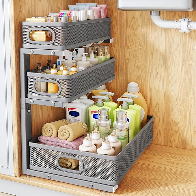 Under Sink Organizer, 3-Tier Thickened Metal Pull out Cabinet Organizer Shelf, Height Adjustable Slide out Storage Drawer Rack for Kitchen Bathroom Pantry Laundry Home Organization, 1-Pack, Grey | 35% Extra Storage Capacity, Carbon Steel, Hold Up 55lbs...