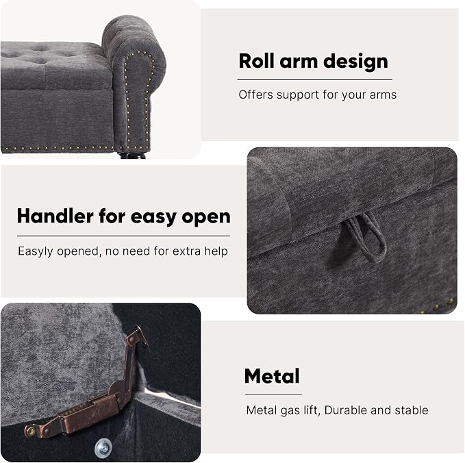 51" Storage Bench for Bedroom, Chenille End of Bed Bench, Queen Size Bench with Rolled Arms, Tufted Storage Ottoman Benches, Upholstered Bench for Bedroom, Living Room, Entryway, Dark Grey
