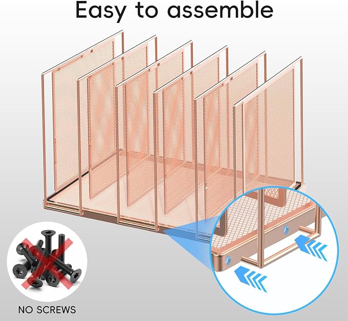 File Organizer for Desk, 5-Section Vertical File Sorter, Paper Holder Organizer Standing Metal File Folder for Office Home Classroom, Rose Gold