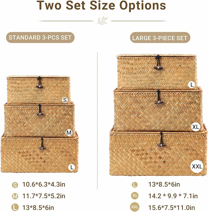 Nonam Storage Basket with Lid, Natural Seagrass Bin with Lid Set of 3, Shelf Baskets Multipurpose Container for Boho Decoration, Rectangular Household Storage Boxes for Home Organization-Natural