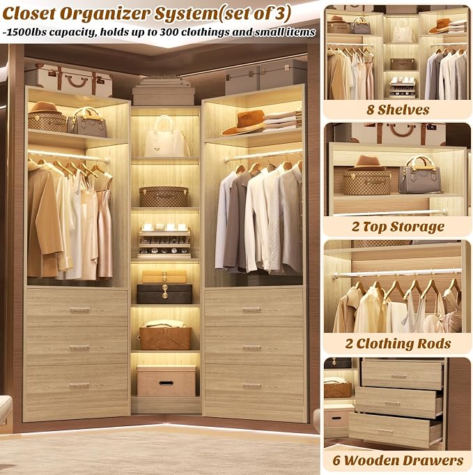 Besiost Closet System with 6 Drawers & 10 Shelves, Corner Closet Organizer System, Reversible Walk-in Closets, (L-Shaped 31.5" L * 31.5" W / I-Shaped 62.9" L * 15" W), Load 1500+LBS, White Oak