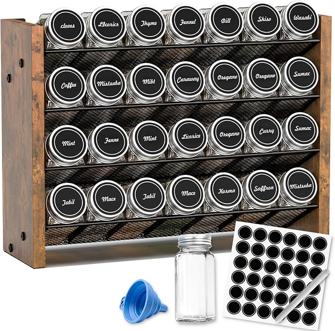 NESAPTO Spice Rack Organizer with 28 Glass Spice Jars, Wood 4-Tier Seasoning Organizer with Labels for Cabinet, Pantry, Countertop or Wall Mount, Chalk Marker and Funnel Set, 14" W × 9.4" H