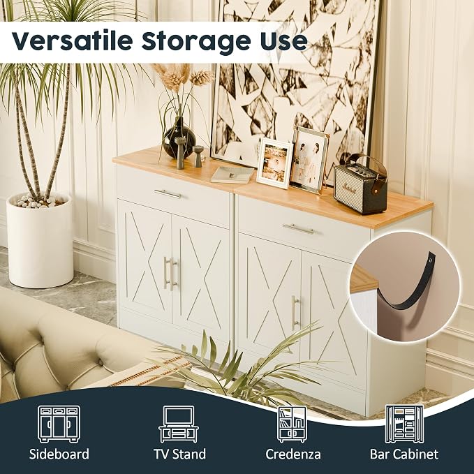 Coffee Bar Cabinet, Wooden Storage Cabinet with 2 Doors and 1 Drawers, Adjustable Shelf, Modern Farmhouse Kitchen Buffet Sideboard Cabinet with Storage for Kitchen, Rustic White&Yellow