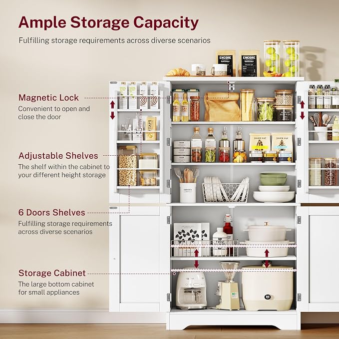 51" H Pantry Cabinet with 4 Doors, Kitchen Cabinet with 6 Door Shelves, Storage Cabinet for Living Room, Dining Room, Bathroom, White