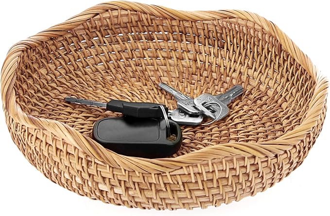 Hipiwe Natural Rattan Tray 8.5" Wicker Storage Bowls Hand Woven Basket Tray for Bread Fruit Key Round Fruit Baskets for Kitchen Entryway Tabletop Decorative Baskets Bowl