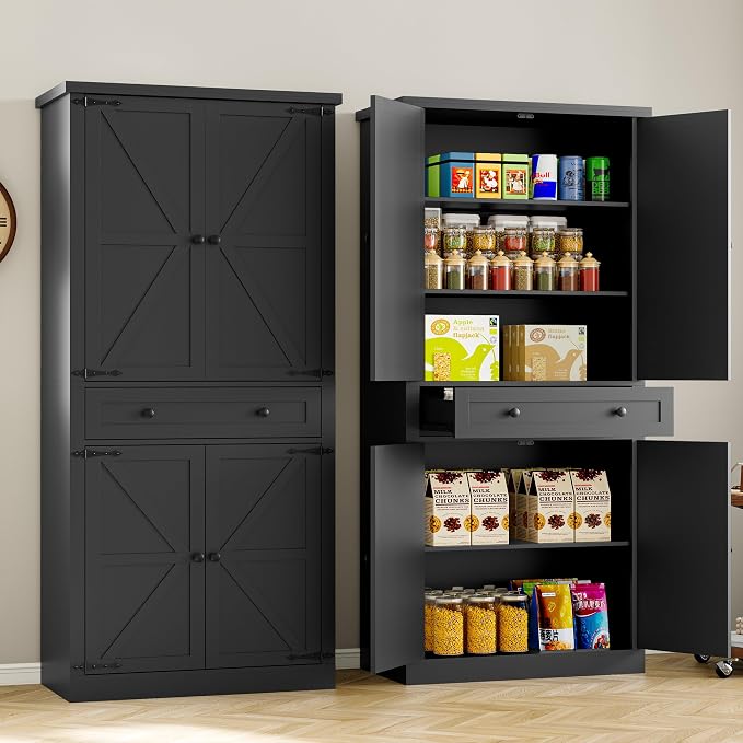 BORNOON Pantry Organizers and Storage Cabinet, 67.7” Barn Door White Kitchen Cabinet with Drawers and Adjustable Shelf, Tall Pantry for Kitchen, Dining Room, Living Room