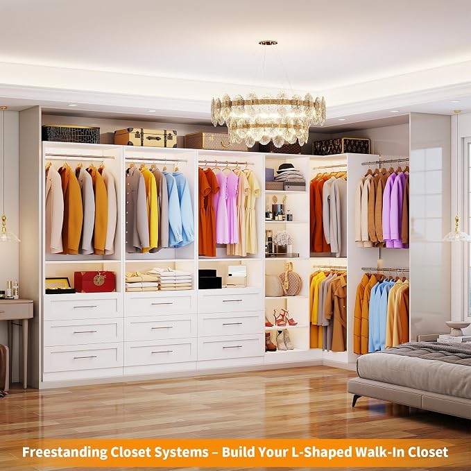 Closet System with 6 Drawers, Corner Closet Organizer Systems with 8 Shelves & 7 Hanging Rods L-Shaped Walk in Closet Freestanding Corner Tower Modular Storage System 3 Sets 2100+ Lbs Capacity White