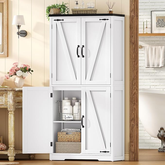 58" H Storage Cabinet,Farmhouse Kitchen Pantry Cabinet with 4 Doors | Bathroom Cabinet with Adjustable Shelf, Cupboard for Kitchen, Bathroom, Living Room, White
