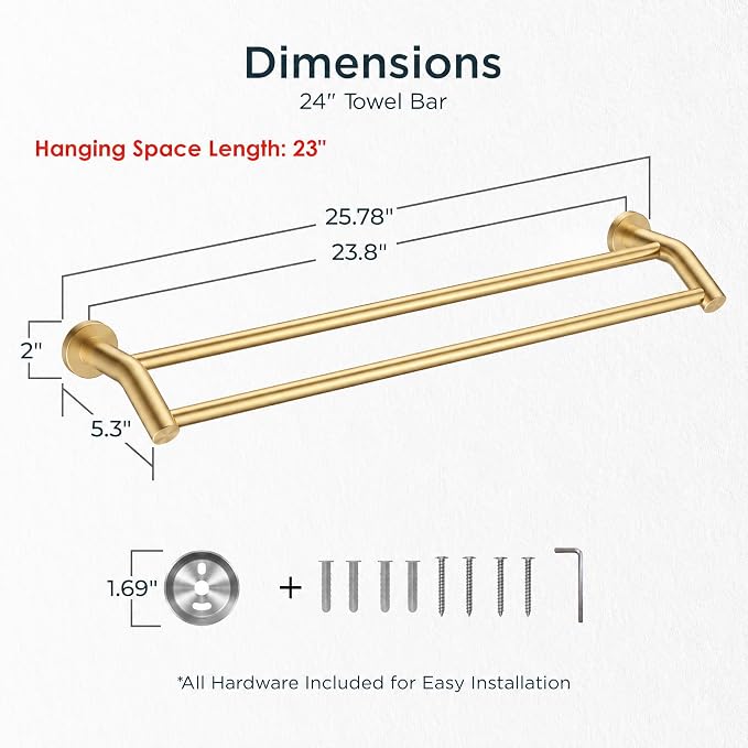 FORIOUS Double Towel Bar 24", Bathroom Towel Holder Rod Wall Mounted Gold | Heavy Duty Towel Racks for Bathroom Bedroom, Space Saving, Rustproof, Stainless Steel Towel Holder, Total Length 26 Inch