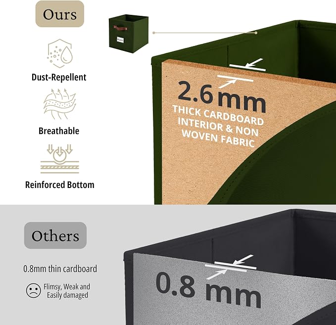 DECOMOMO Storage Bins, Storage Baskets for Shelves | 13" x 15" x 13" Storage Cube Bins with Labels for Organizing Shelves (Kallax, 4pcs, Olive Green)