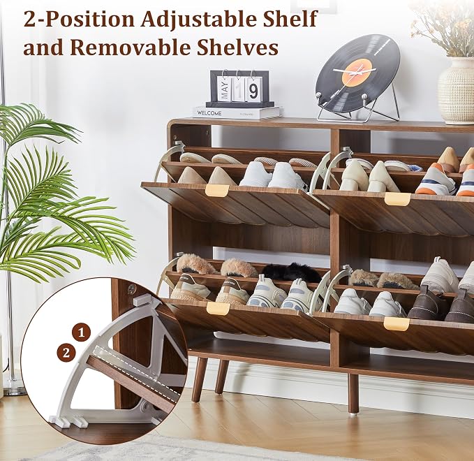 Shoe Storage Cabinet for Entryway with 4 Flip Drawers, Freestanding Narrow Wood Shoe Cabinet with Wave Panel, Hidden Shoe Organizer for Foyer, Hallway (Walnut)