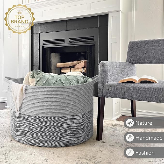 INDRESSME 115L Extra Large Woven Rope Blanket Basket Living Room, Grey | 23.6" x 15.7" Storage baskets for toys laundry & pillows. Fits living room, bedroom or nursery décor. Soft-touch with handles