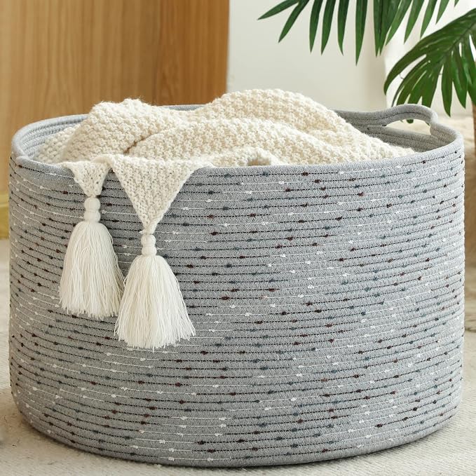 KAKAMAY Large Blanket Basket (20"x13"),Woven Baskets for storage Baby Laundry Hamper, Cotton Rope Blanket Basket for Living Room, Laundry, Nursery, Pillows, Grey with Blue & Brown Dotted | Extra Large Capacity | Natural Cotton Rope | Blanket Storage | ...