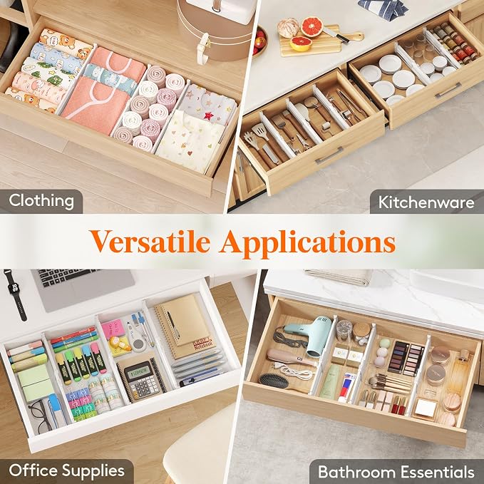 Lifewit 12 Pack Drawer Dividers for Clothes, 4" High 10.5"-16.5" Expandable Dresser Drawer Organizers, Adjustable White Plastic Separators for Kitchen, Cabinet, Nursery, Socks & Underwear Storage