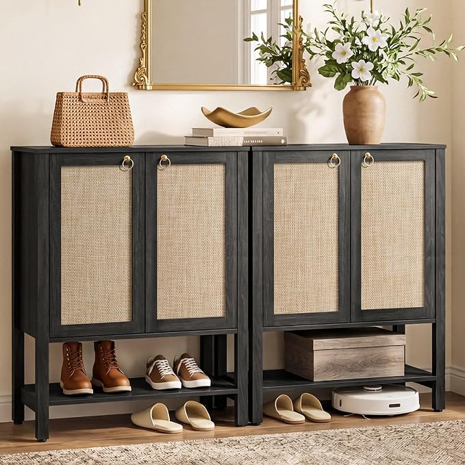 SICOTAS Shoe Storage Cabinet for Entryway, 5 Tier, 2 Pieces | Rattan Entry Shoe Organizer Cabinet with Shelves & Doors, Farmhouse Tall Shoe Rack for Hallway, Living Room, Closet Obsidian