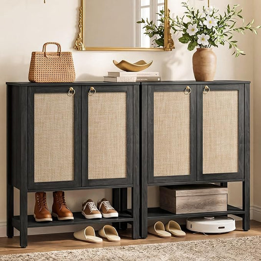 SICOTAS Shoe Storage Cabinet for Entryway, 5 Tier, 2 Pieces | Rattan Entry Shoe Organizer Cabinet with Shelves & Doors, Farmhouse Tall Shoe Rack for Hallway, Living Room, Closet Obsidian