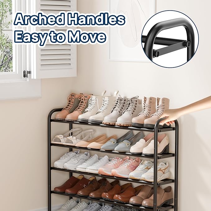 ENJOYBASICS 5 Tier Expandable Shoe Rack for Closet, Free Standing Metal Shoe Shelf Storage Organizer Holder 20 Pairs, Adjustable Width Shoe Rack for Entryway Small Space, Black