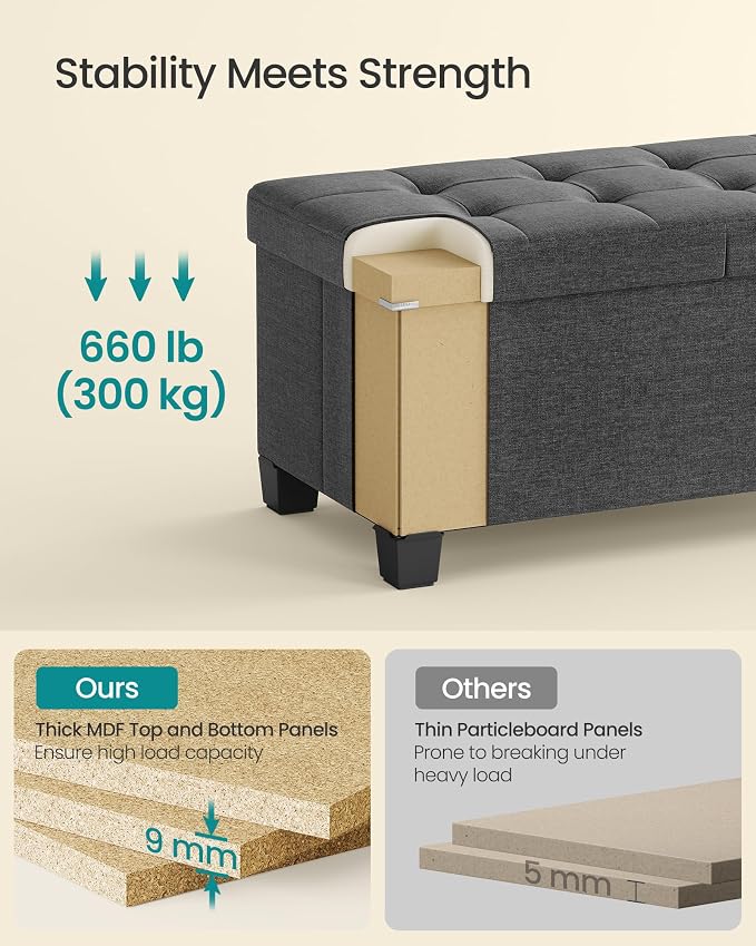 SONGMICS Storage Ottoman Bench with Legs, Folding Ottoman Foot Rest with Flipping Lid, Bench with Storage, for Living Room, Bedroom, Entryway, Linen-Look Fabric, 43.3 Inches, Slate Gray ULSF079GN01