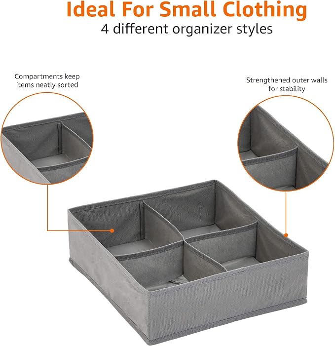 Amazon Basics Deep Drawer Organizer for Clothes, Collapsible Storage Boxes for Socks, Underwear and Baby Items, Set of 2, Gray | Set of 4