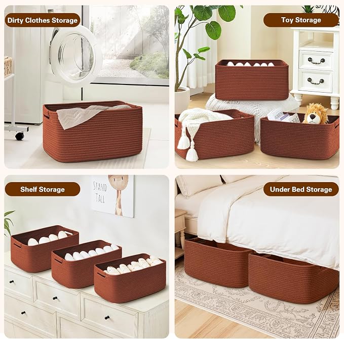 4 Pack Large Storage Basket for Organizing, 17.5"x13"x7" Woven Basket for Shelves, Closet Cube Storage Bins with Wrapped Handle, Cotton Rope Baskets for Kitchen, Clothes, Toys(Oxide Red)