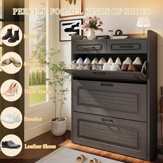 ODUWA Shoe Cabinet with 3 Flip Drawers and 2 Storage Drawers, Shoes Organizer Cabinets with Adjustable Divider, Hidden Shoe Storage Cabinet for Entryway, Hallway, Living Room, Dark Grey