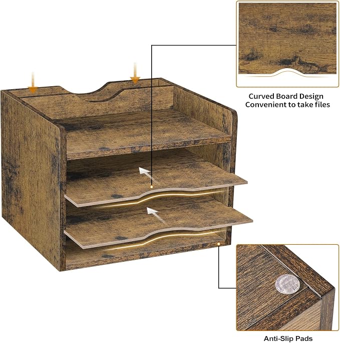 Snughome Vintage Wood File Organizer Desktop, 13.4’’ Document Letter Mail Tray Sorter with 3 Adjustable Shelves, Wooden Desktop Paper File Sorter Holder (Rustic Brown, 13.78’’L x 11.81’’W x 11.02’’H)