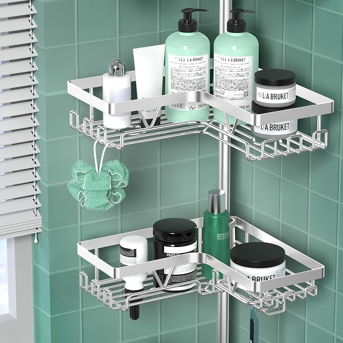DAOYA Corner Shower Caddy Tension Pole 4 Tier Shower Caddy Organizer Silver | WIth 28 Hook/2 Soap Dish/ 2 Razor Holder, Rustproof, For Bathtub/Bathroom, Floor to Ceiling 25-114 Inch, Simple Install