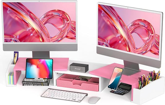 Simple Houseware Desk Dual Monitor Stand Riser with Drawer, Pink | Customizable Organizer Tray, Built-In Phone & Tablet Slot and Side Storage