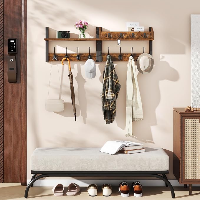 31.5" Coat and Key Rack Wall Mount with Shelf, Rustic Brown, HWS007H-2 | 4-in-1 Coat and Key Hanger with 12 Metal Hooks, Entryway Wall Shelf with Hooks & Mail Holder for Living Room, Bedroom