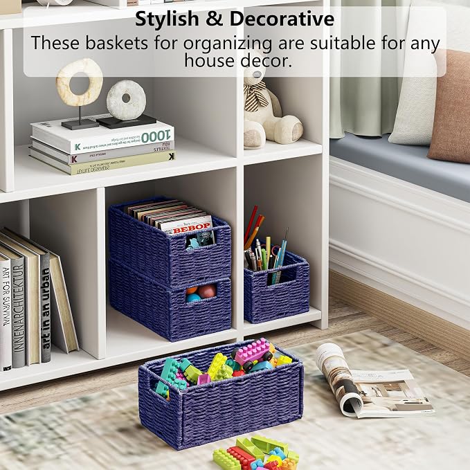 Vagusicc Wicker Storage Basket, Set of 2 Hand-Woven Paper Rope Wicker Basket, Small Storage Baskets for Organizing Toilet Paper, Foldable Small Cube Organizer Bins for Shelves (Purple)