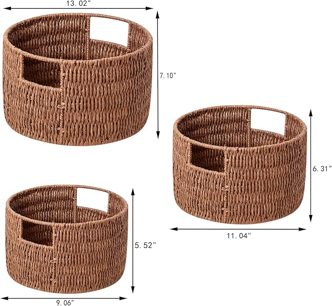 Wicker Storage Basket, Hand-Woven Paper Rope Large Round Woven Basket With Handles, Wicker Baskets for Organizing/Storage, Brown, 3-Pack