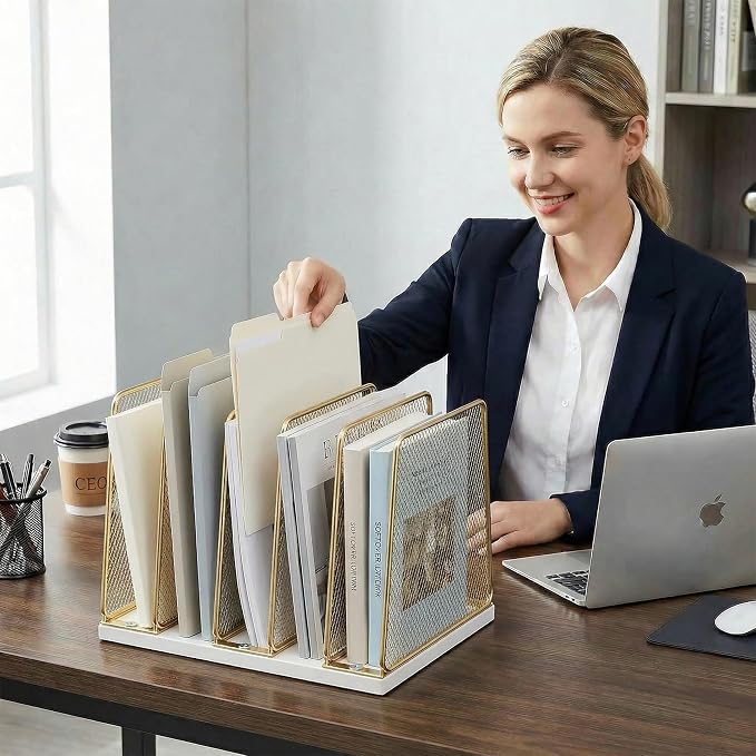 5-Section Vertical File Organizer for Desk, Gold | Sturdy Wood Base, Metal Mesh, Desktop File Holder, Upright Paper Folder Sorter