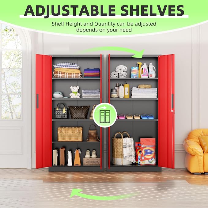 INTERGREAT Metal Storage Cabinet, 72" Locking Steel Cabinets with 2 Door and 4 Adjustable Shelves, Tall Metal Cabinet for Home Office, Garage, Warehouse, Black Red