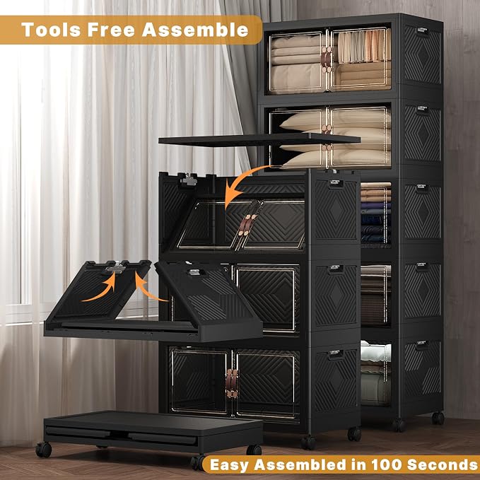 Stackable Storage Bins with Lids, 840QT Closet Organizers and Storage Cabinet with Doors & Wheels, Lockable Plastic Foldable Drawers for Bedroom Dorm Office Garage（168QT*5,Black）